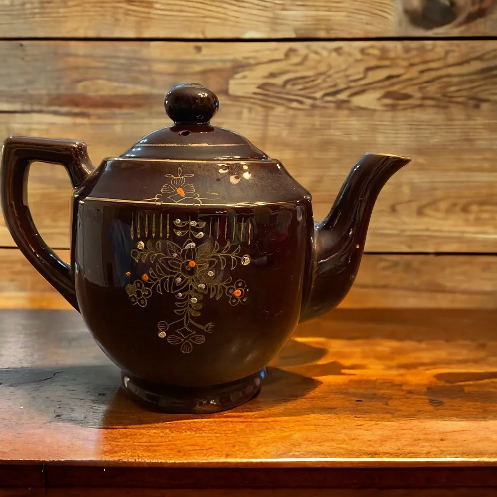 Vintage Japanese Moriage Redware Teapot Brown Floral 1940s As-Is